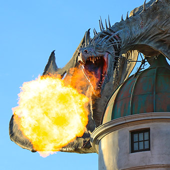 Dragon breathing fire at the Wizarding World of Harry Potter in Orlando