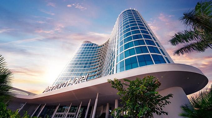 The exterior of Universal's Aventura Hotel in Orlando, Florida.